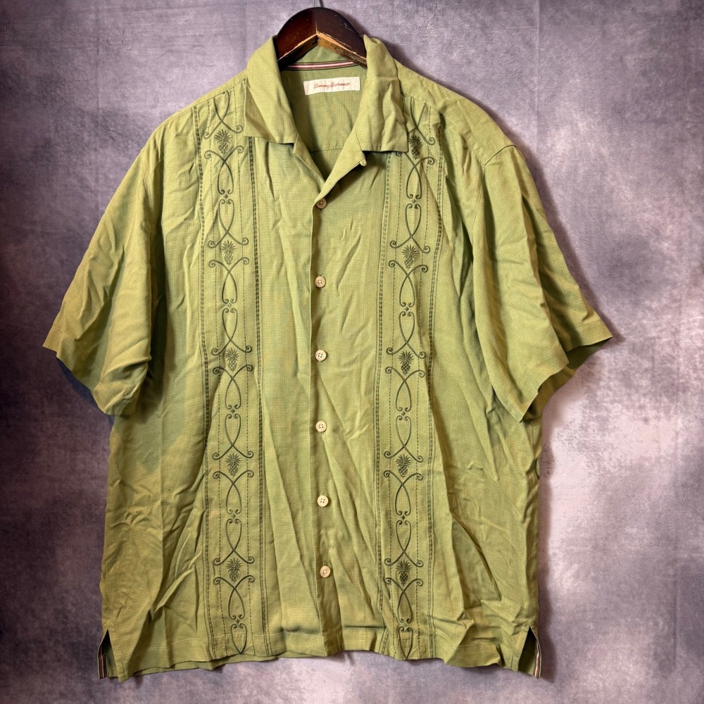 Tommy Bahama Mens Large Silk Embroidered Pineapple Camp Shirt Sage Green